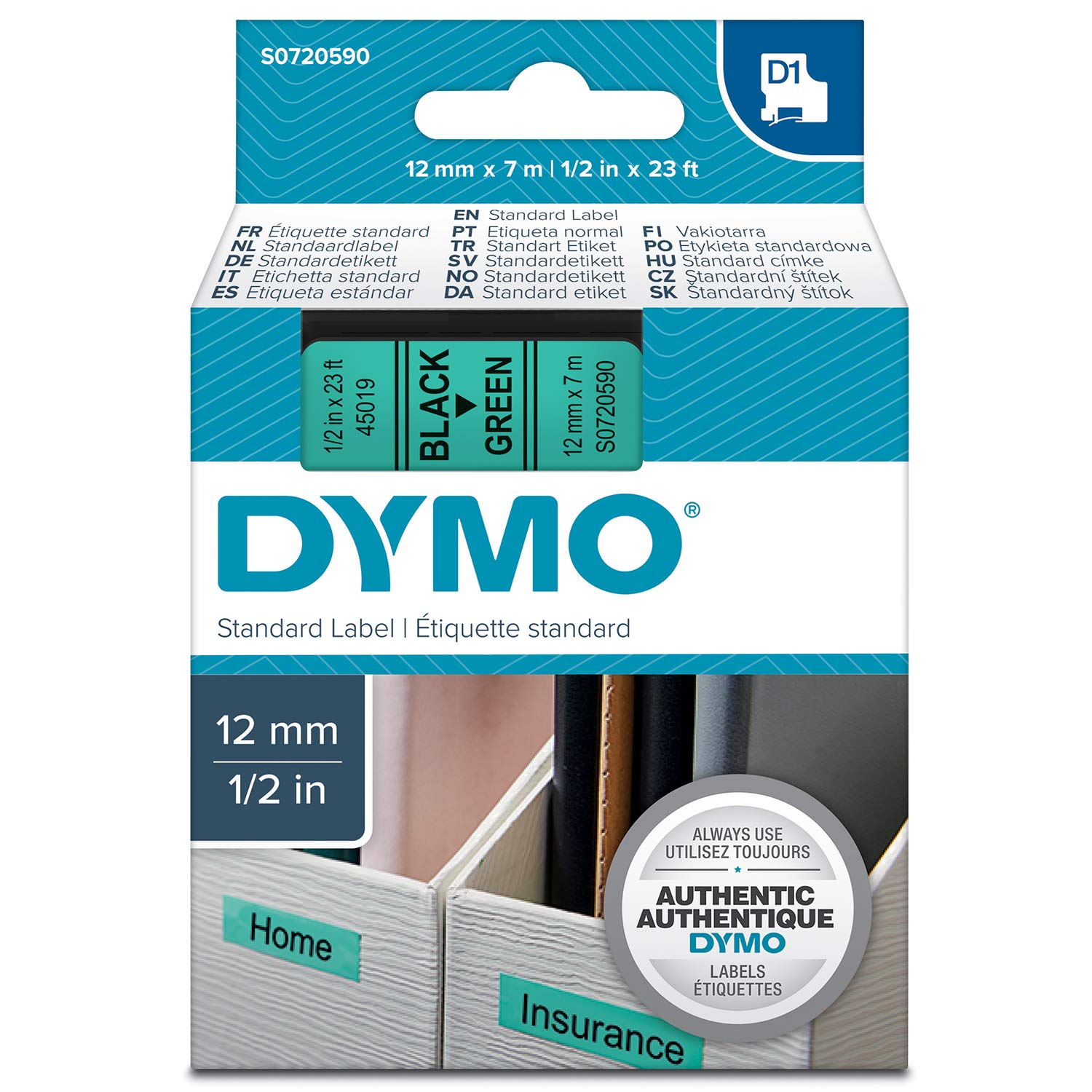 DYMO Authentic D1 Labels | Black Print on Green Tape | 12 mm x 7 m | Self-Adhesive Labels for LabelManager Label Makers | Made in Europe