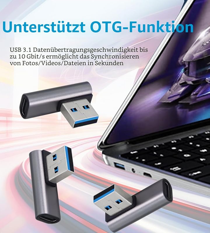 10 Gbps USB 3.1 Adapter 90 Grad USB Stecker auf Typ C weiblicher Adapter zur Datenübertragung OTG für Tablet Laptop 3 Pack (Silber USB A M/C F)