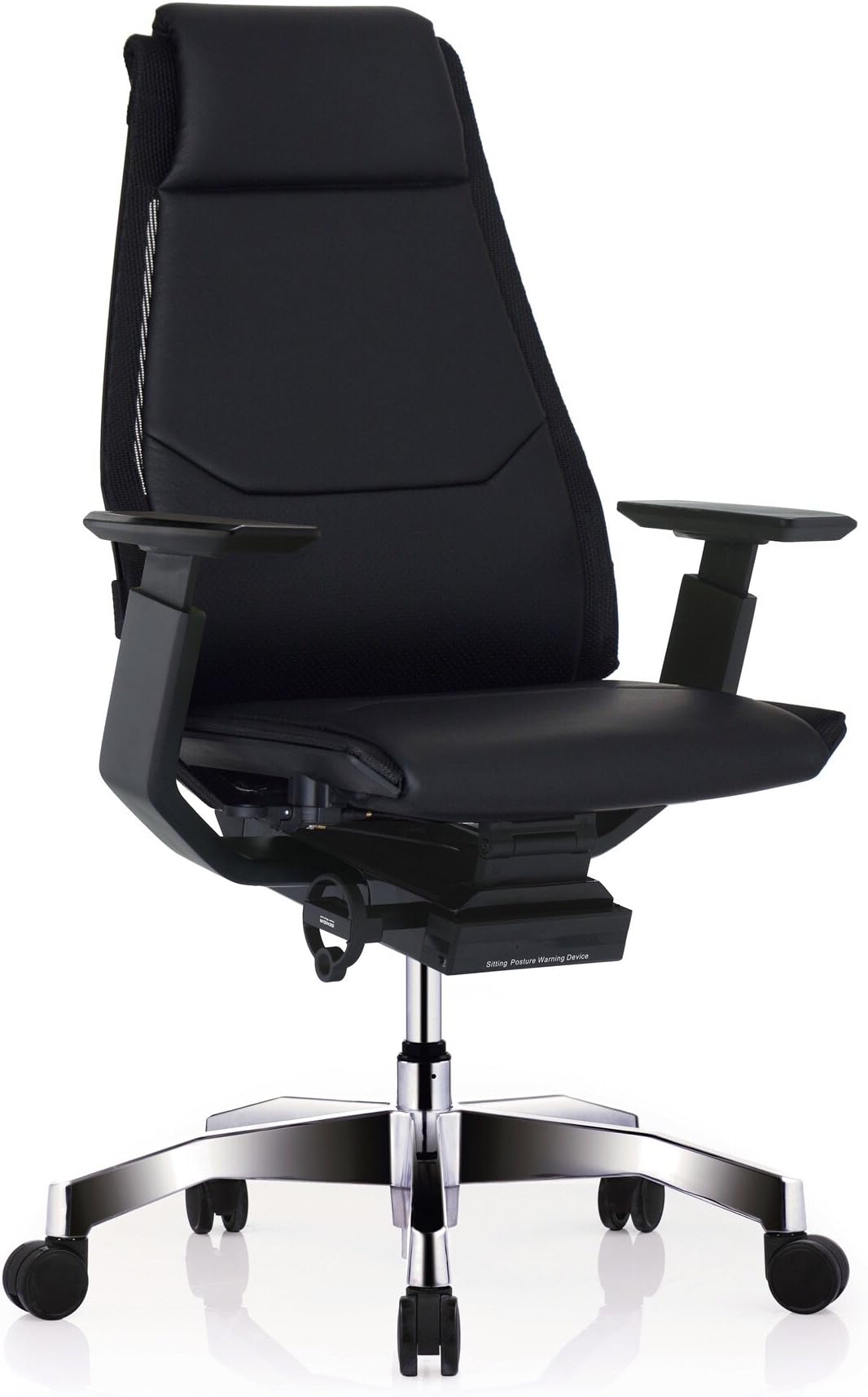 GM Seating Bodylux Smart Genuine Leather Task Hi Swivel Chair Chrome Base with Headrest (Black) (Black Leather)