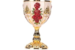 Decorative Wine Chalice with Red Flower Pattern, Gold, Zinc Alloy, 4 Inch, Retro Embossed Design for Party, Bar