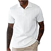 Verdusa Men's Old Money Clothes Button Up Collared Tennis Shirts Textured Work Tees Cable Knit Tops