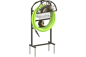GOFORWILD Garden Hose Holder with Brass Faucet, Freestanding Water Hose Stand with Storage Basket, Detachable Heavy Duty Hose Reel Hanger Holds 150-Feet Hose for Outside Patio Yard Lawn