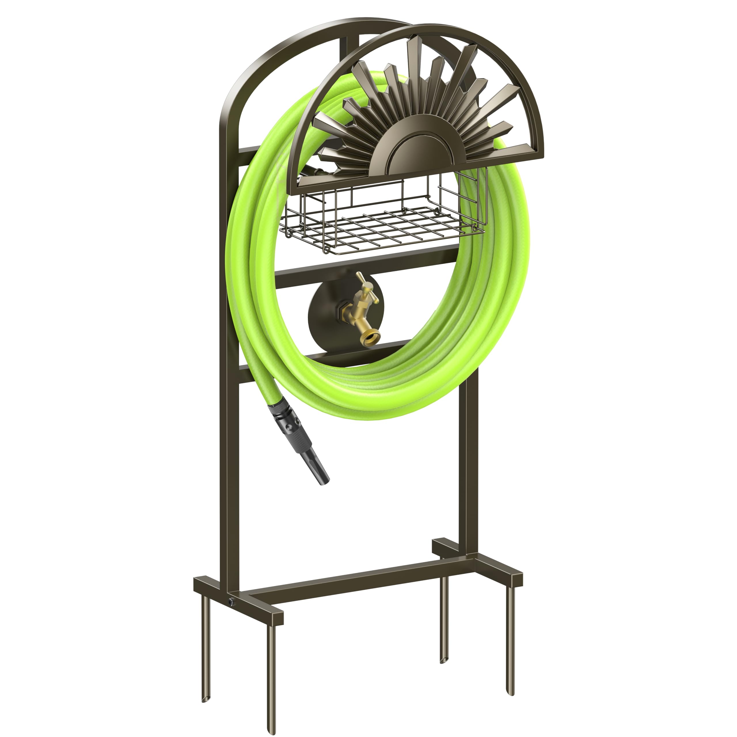Photo 1 of GOFORWILD Garden Hose Holder with Brass Faucet, Freestanding Water Hose Stand with Storage Basket, Detachable Heavy Duty Hose Reel Hanger Holds 150-Feet Hose for Outside Patio Yard Lawn