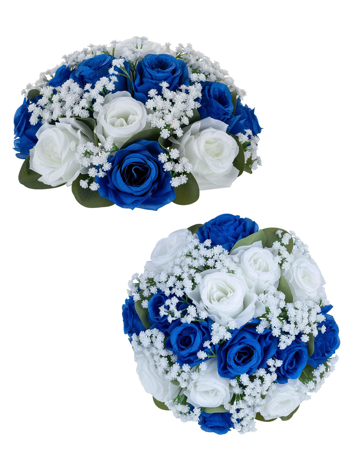 BLOSMON Fake Flowers Ball Wedding Centerpieces 2 Pcs Royal Blue Rose Babys Breath Artificial Flowers Center Pieces Decoration for Table Faux Silk Floral Bouquet Arrangements for Home Party DIY Decor