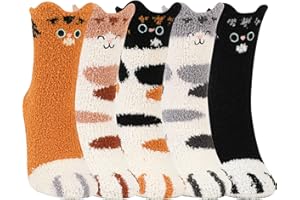 Womens Fluffy Socks Winter Thermal Cozy Bed Socks Coral Fleece Funny Cat Paw Crew Socks for Womens and Girls 5-9, 5 Pairs