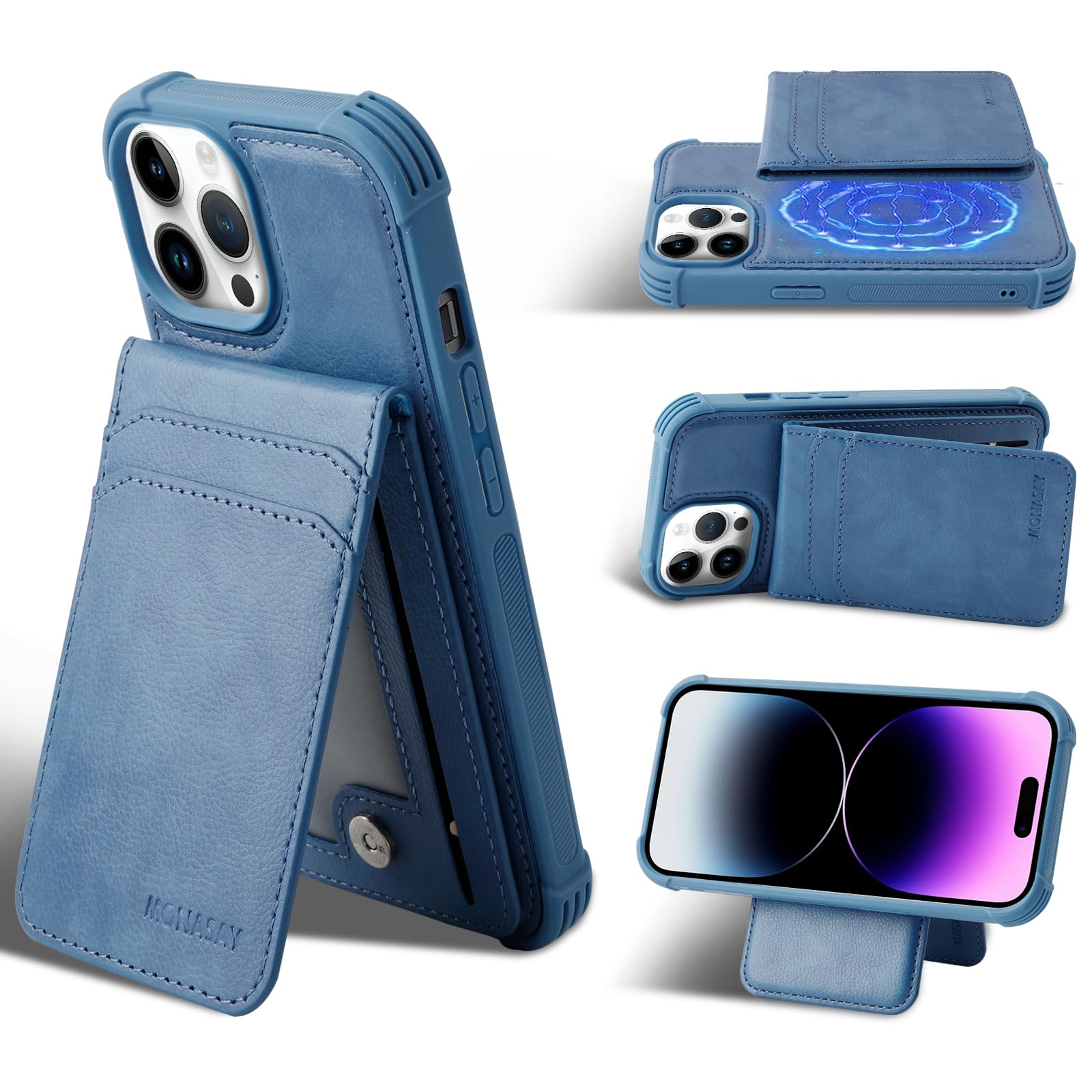 Photo 1 of MONASAY Magsafe Wallet Case Compatible for iPhone 13 Pro Max 6.7 inch, [Wireless Charging] [Screen Protector] Magnetic Leather Phone Cover with Detachable RFID Blocking Card Holder, Light Blue