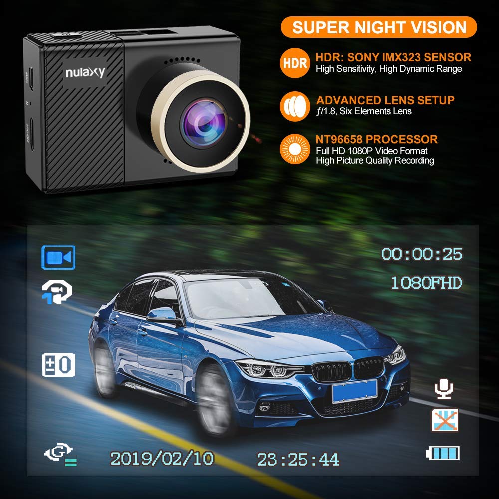Nulaxy Dash Cam, 1080P Full HD Car Camera Recorder 170° Wide Angle, Super Night Vision, Motion Detection, G-Sensor, Loop Recording, Parking Mode, Supports up to 64GB microSD Card - Black
