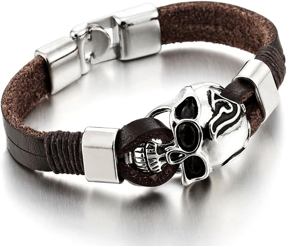 COOLSTEELANDBEYONDGothic Style Mens Women Skull Bracelet Genuine Brown Leather Bracelet Wristband