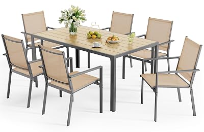Ahomly Patio Table and Chairs Set for 6, Outdoor Dining Set Includes 59.5" Rectangle Patio Table with Side Umbrella Hole and 6 Textilene Fabric Patio Chairs for Backyard, Courtyard, Poolside, Brown