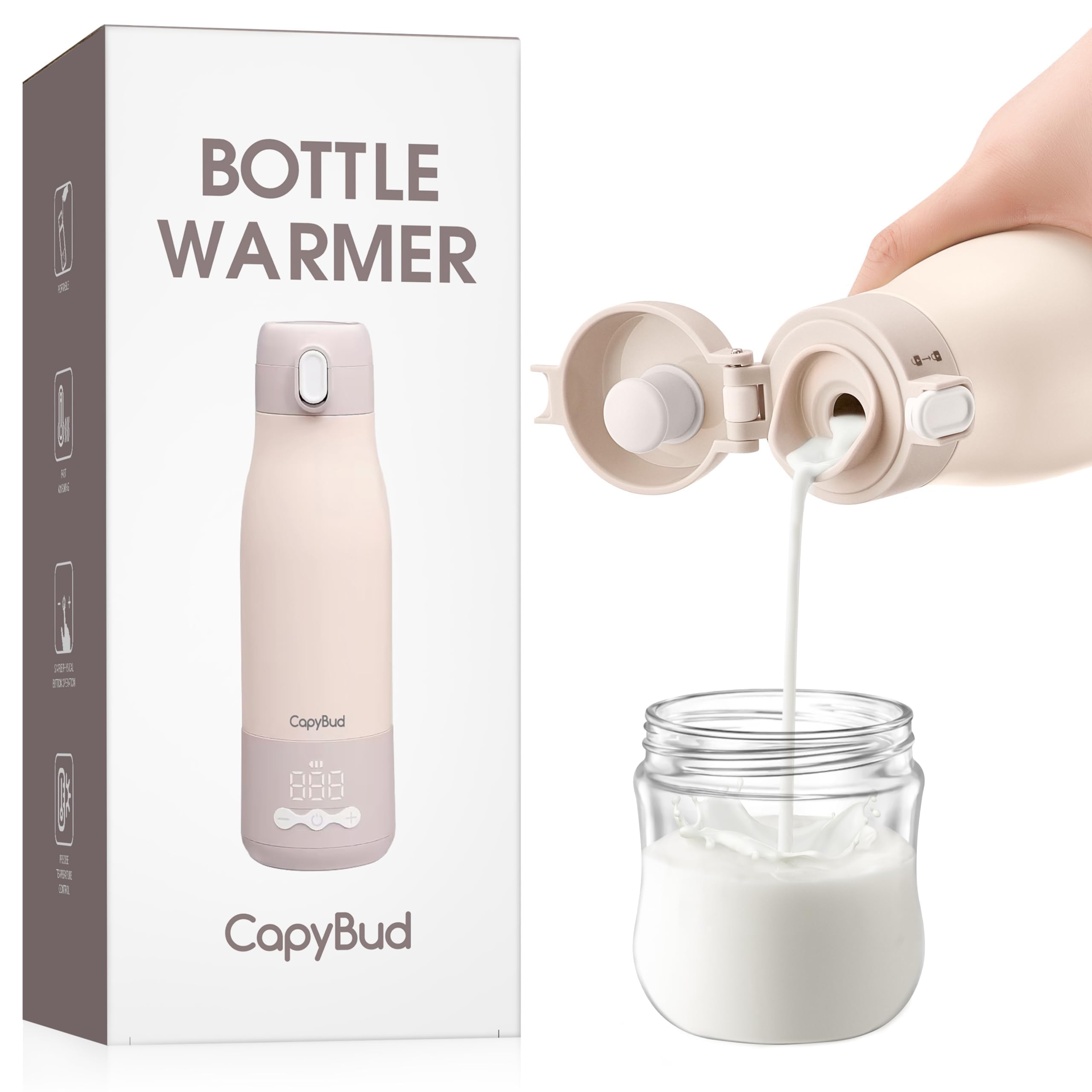 Photo 1 of CapyBud Portable Bottle Warmer for Travel, 12 Oz Milk Warmer for Breastmilk Formula Water, 3 Mins Fast Heating, Long Battery Life, 5 Levels Smart Temp Control, Ideal for Night Feeding, Travel, Car