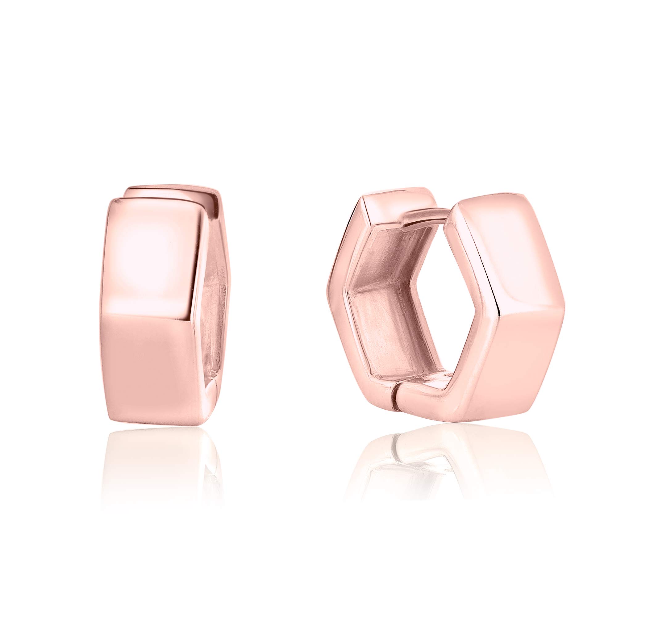 DTPSilver - Huggies/Hinged Hexagon Hoops Earrings 925 Sterling Silver Rose Gold Plated- Thickness: 2 mm - Wide 5.5 mm - Diameter 14 mm