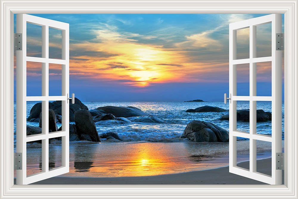 Amazon Com Greathomeart Removable Wall Decals Wall Murals Sunset Beach Ocean Window View Wallpaper Bedroom Peel And Stick Home Decor Art 32x48 Inches Home Kitchen