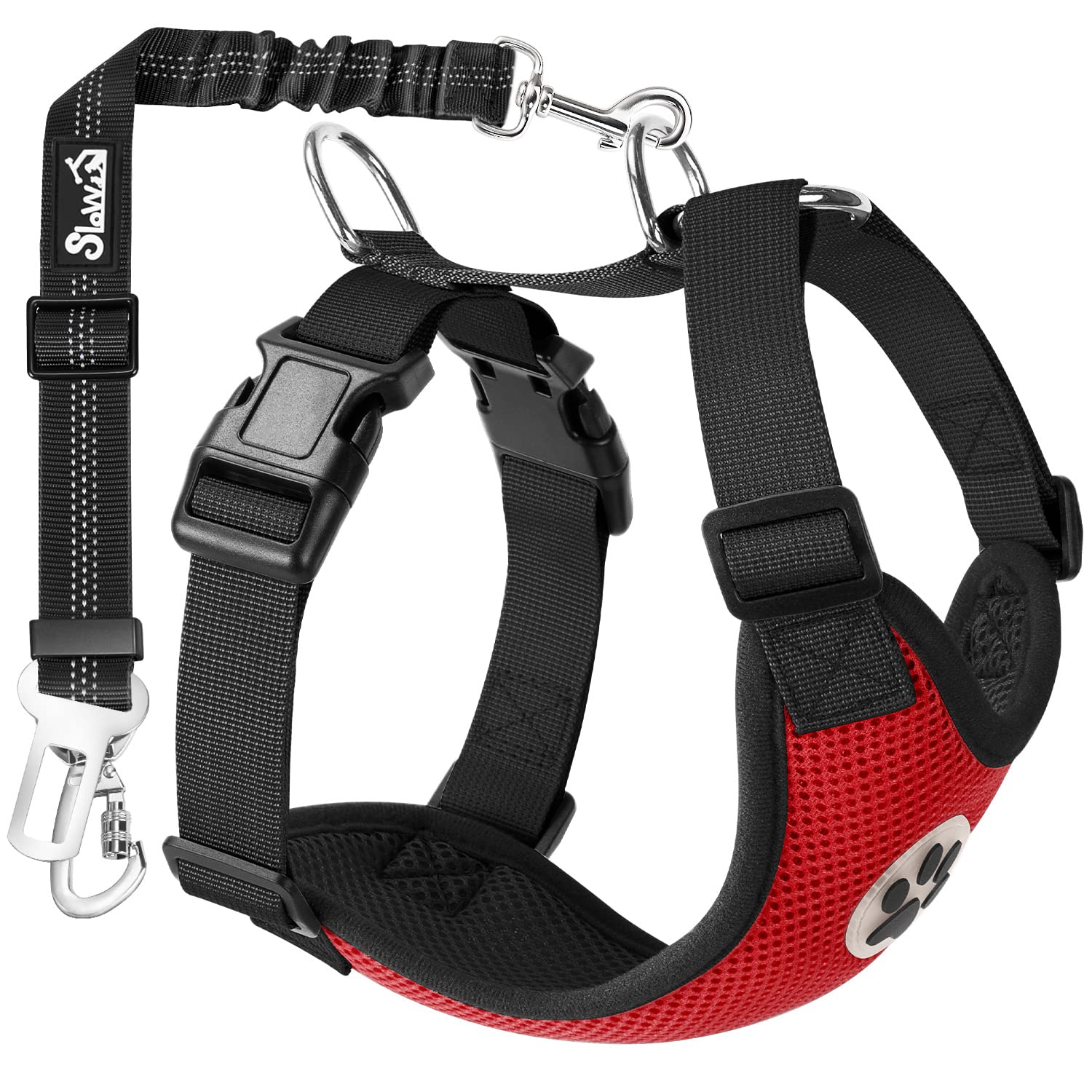 Photo 1 of SlowTon Dog Seat Belt Harness for Car, Dog Car Harness Adjustable Mesh Breathable & Dog Seatbelt Safety Tether with Elastic Bungee for Small Medium Large Pets(Red, Double Clip, M)