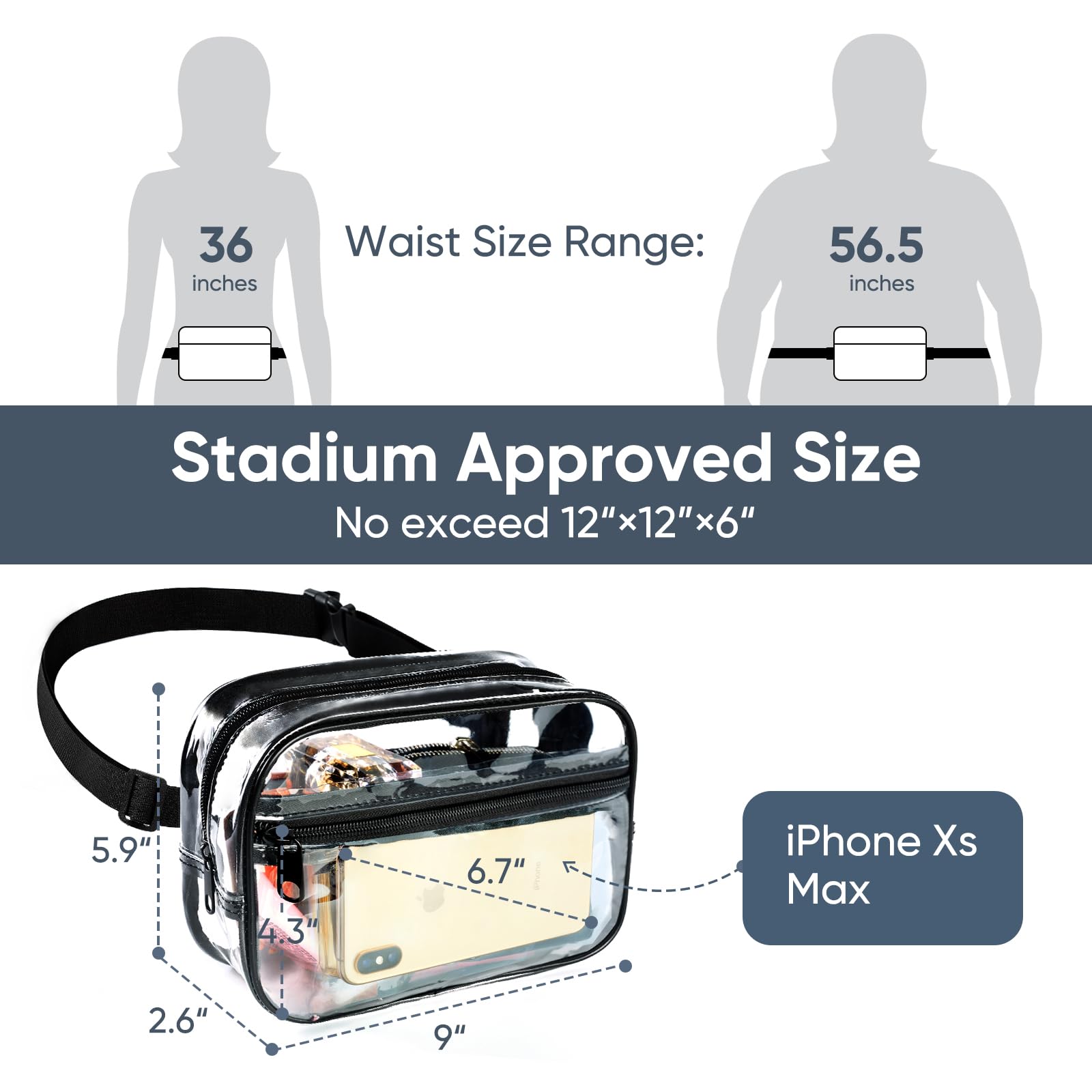 Clear Fanny Pack for Stadium Events - Clear Bag for Women Men | Lightweight Waist Pack for Concerts, Sports Games Day & Travel | Stadium Approved Transparent Bag (Black)