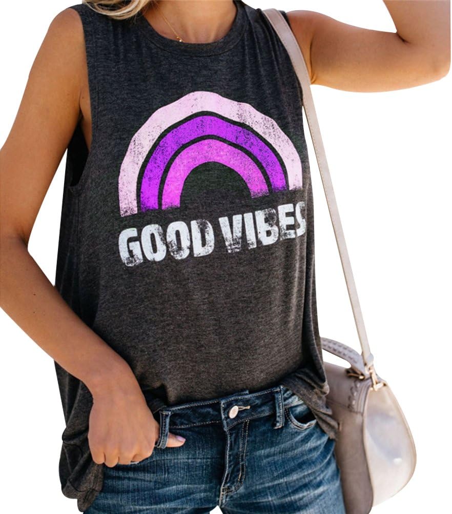 SuperCimi Womens Good Vibes Tank Tops Tees Rainbow Print Round Neck Sleeveless Basic T-Shirt