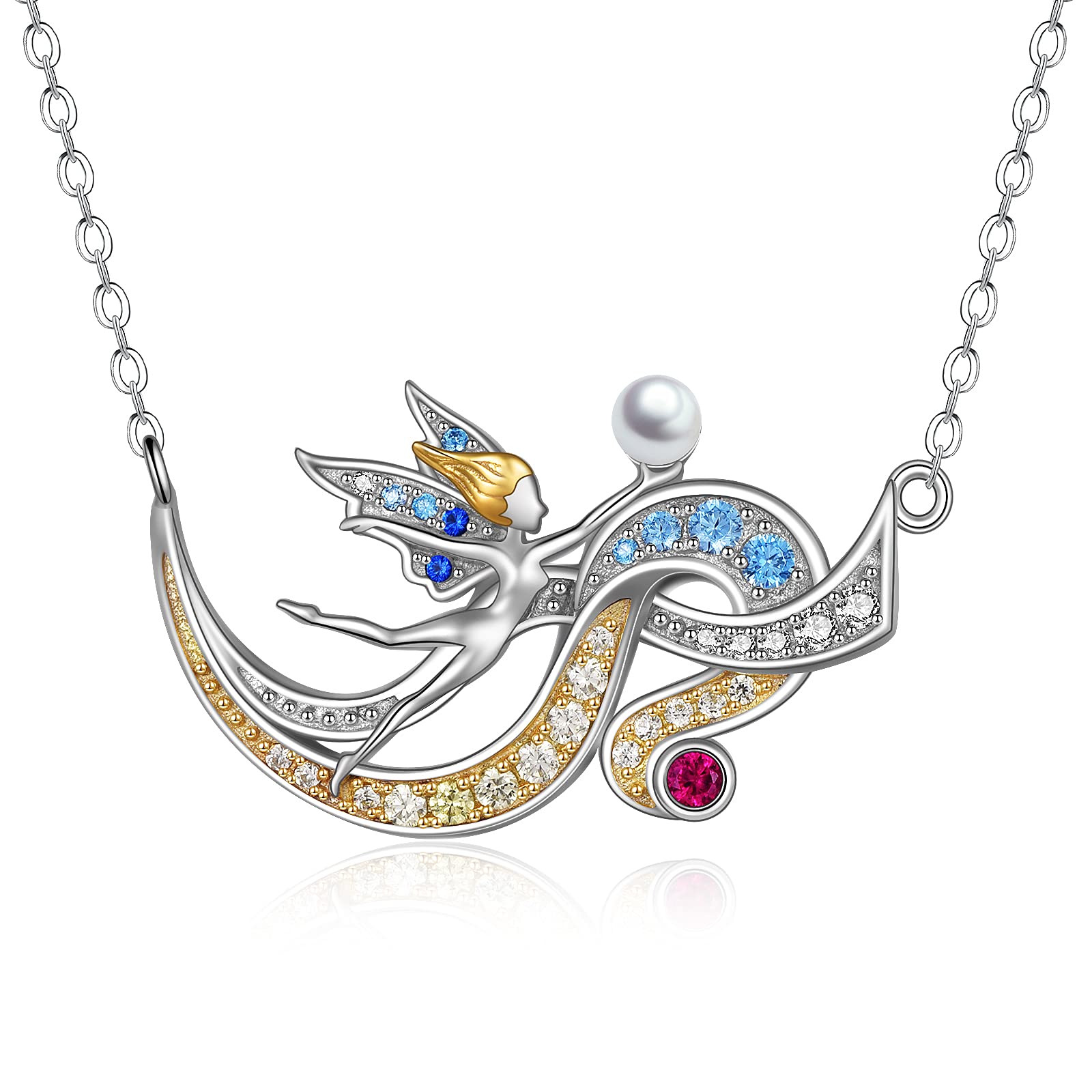 URONE Fairy Gifts jewellery Sterling Silver Fairy Pendant Necklace with Mother of Pearl and Zircon fairy girls for Women Girls Kids