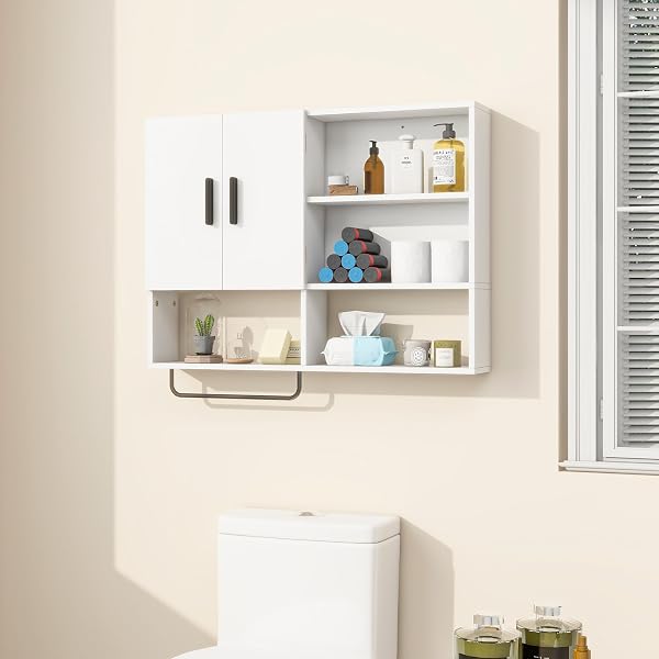 VAVKORKULA MEDICINE CABINET, WOODEN BATHROOM WALL CABINET WITH 2 DOORS, ADJUSTABLE SHELVES & TOWEL BAR, OVER TOILET STORAGE CABINET WALL MOUNTED FOR KITCHEN & LAUNDRY, WHITE