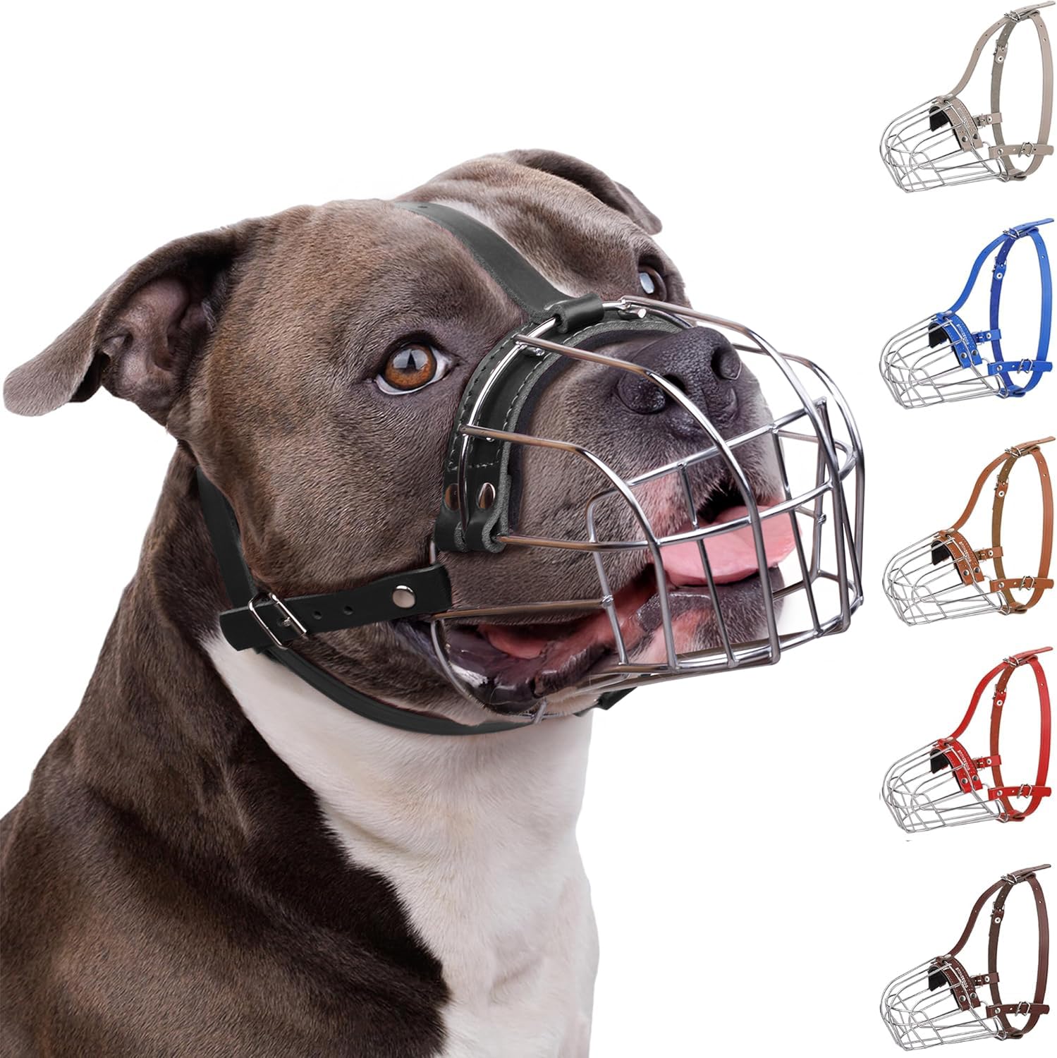 BRONZEDOG Pitbull Dog Muzzle Metal Mask Amstaff Wire Basket Pit Bull Adjustable Leather Straps for Large Dogs