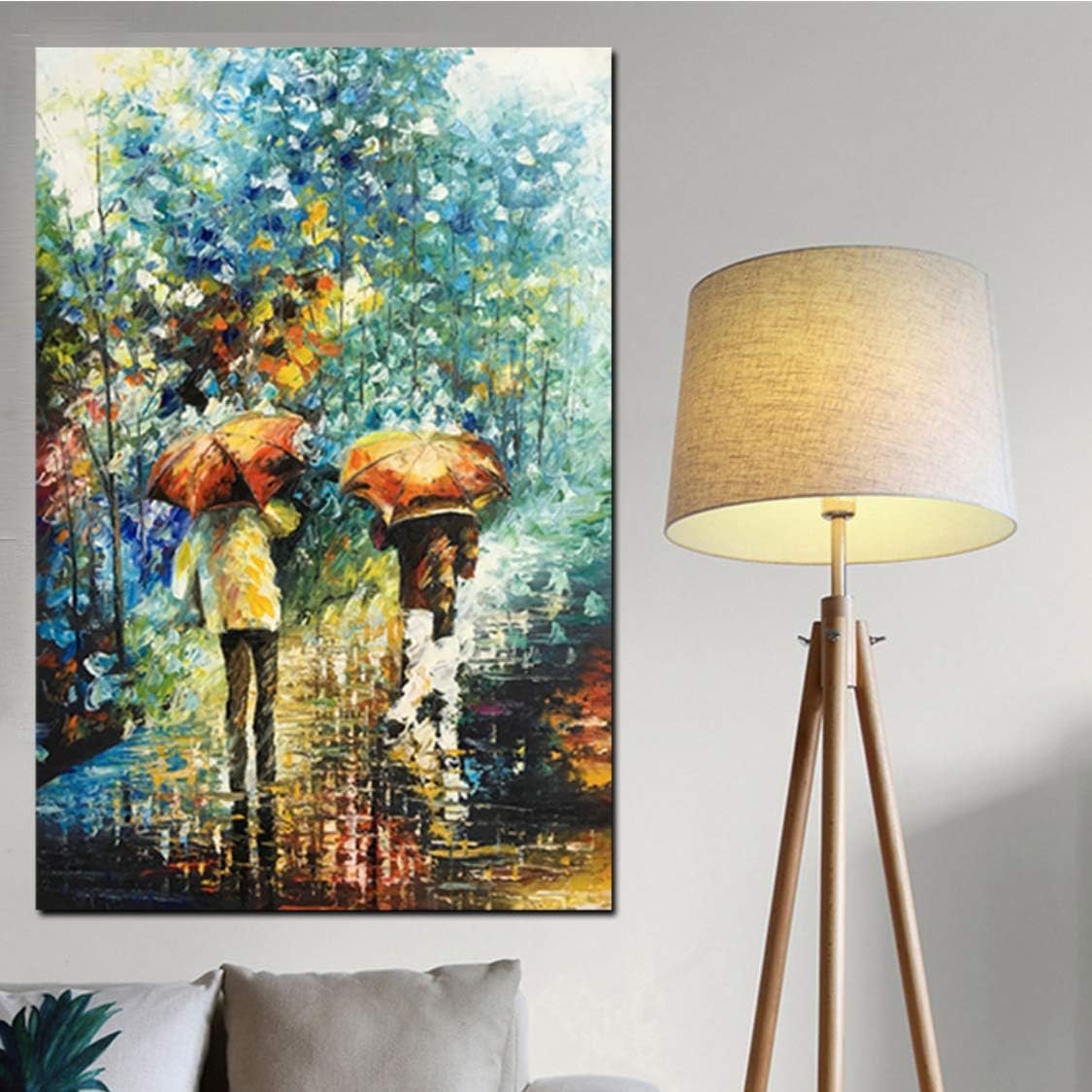 Danjiao 100% Hand Painted Artistic Vertical People with Umbrella Soft Landscape Abstract Oil Painting On Linen Canvas Poster Living Room Decor 40x60cm