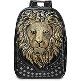 kiisy 3D Lion Leather Laptop Backpack Unique Designer Fashion Travel Rivet Punk Backpack (Black G)