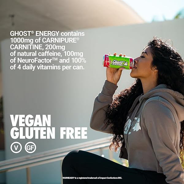 GHOST ENERGY DRINK – 12-PACK, WARHEADS SOUR WATERMELON, 16OZ – ENERGY & FOCUS & NO ARTIFICIAL COLORS – 200MG OF NATURAL CAFFEINE, L-CARNITINE & TAURINE – GLUTEN-FREE & VEGAN