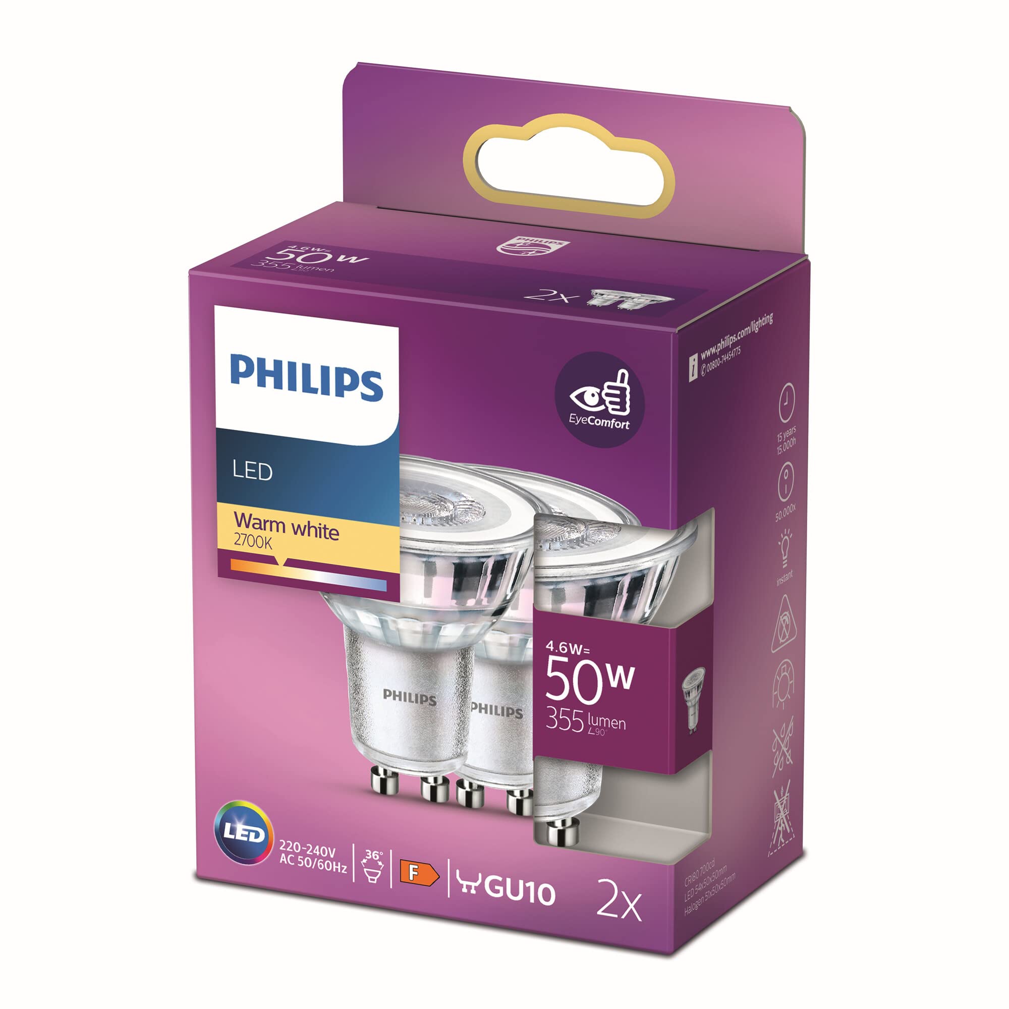 Philips LED Classic WarmGlow Lamp 2 Pack [GU10] 50W, Non Dimmable, Standard Warm White