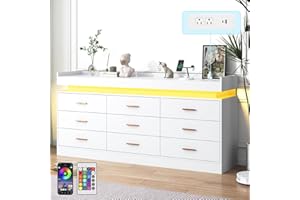 jiteentarou 9 Drawer Dresser with Charging Station and LED Lights, Modern Chest of Drawers with Power Outlet, Organizer Cabinet for Bedroom, Living Room, Entryway, White