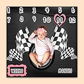 PHMOJEN Racing Baby Monthly Milestone Blanket, Boy Racer Car Tires Black White Checkered Flag, Newborns 1 to 12 Months Unisex Include 4 Frames and 1 Headband 47"x47" BTQQPH83