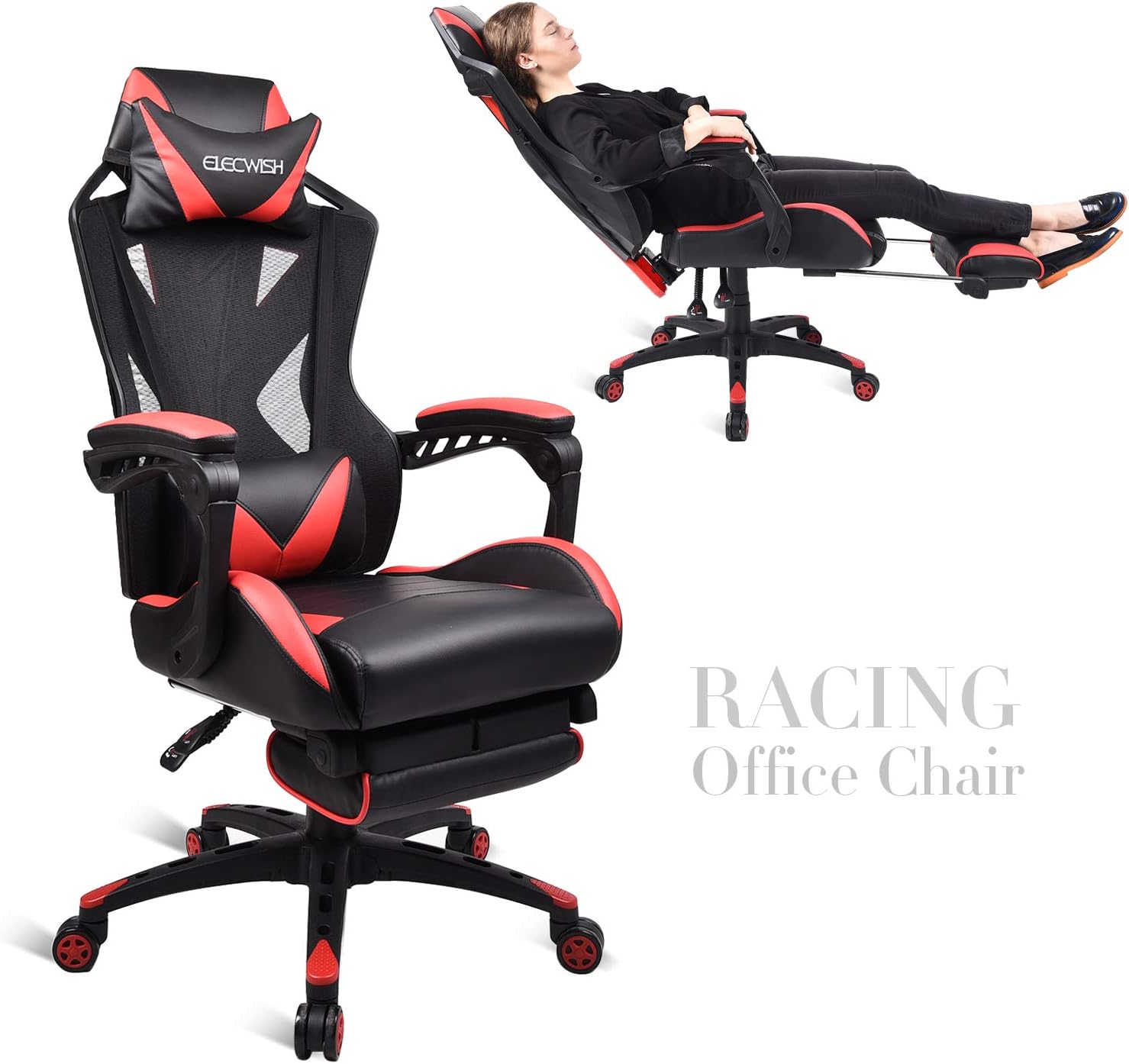 YOURLITEAMZ Racing Gaming Chair with Footrest - Ergonomic Recliner Computer Chair with Massage Pillow, Office Swivel Chair High Back, PC Desk Chair PU Leather (Red, Night Flash (mesh chair back))