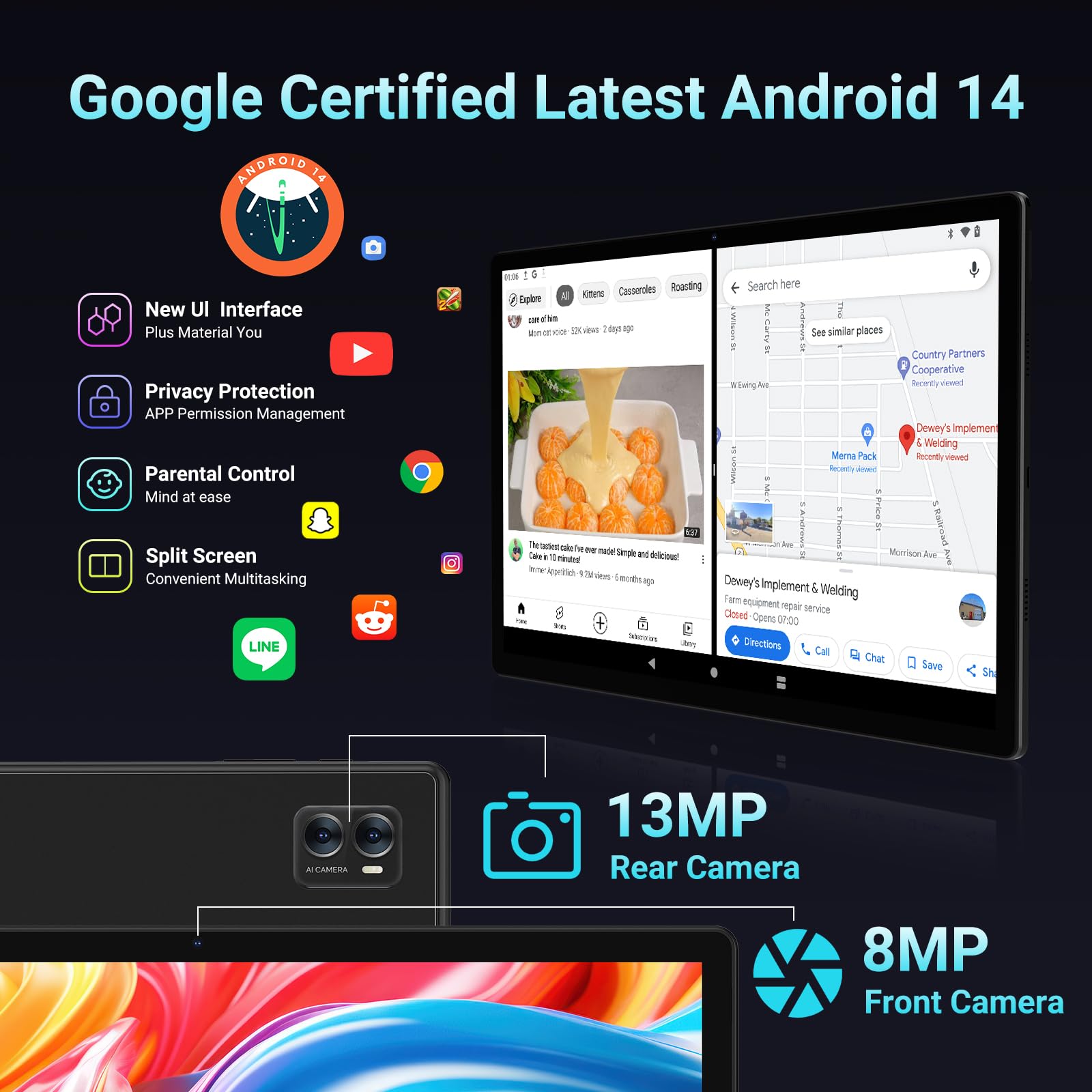 POWMUS 2025 Tablet 14 inch Android 14 Tablets, 2K Display, 256GB Storage(Expand to 1TB),36GB(12+24) RAM, 11580 mAh Battery 18W PD Fast Charger, 8 Core CPU,4 Speakers, 5G WiFi Tablet with Case-Black