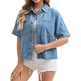 CIMUK Women's Short Sleeve Denim Jacket Button Down Boxy Shirt Tops Casual Jean Jackets