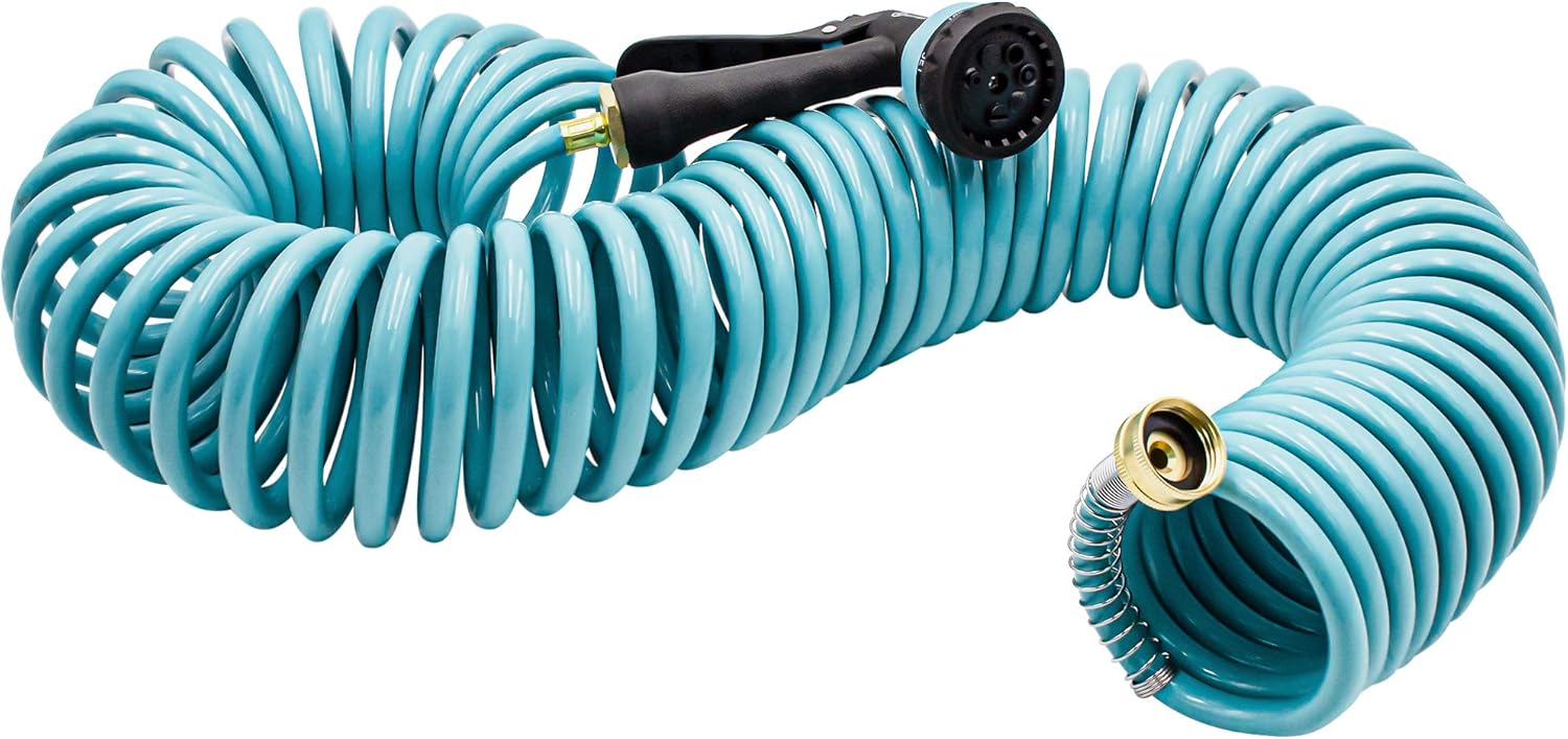 AUTOMAN-Garden-Water-Hose-Recoil,50 Feet EVA Curly Water Hose with Brass Connectors,Watering Hose Coil,Includes 7-Pattern Function Sprayer,Retractable,Corrosion Resistant Garden Coil Hose.: Home Improvement