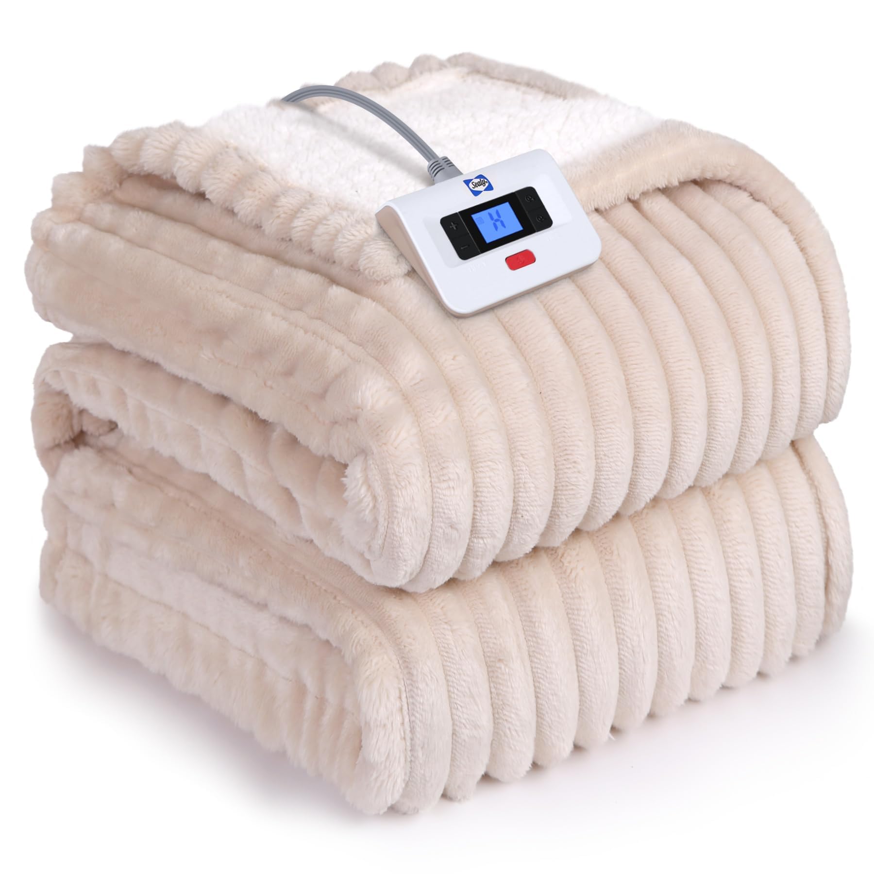Photo 1 of SEALY Electric Blanket Full Size, Soft Ribbed Flannel to Sherpa Reversible Heated Blanket with 10 Heat Settings & 1-12 Hours Auto-Off Overheat Protection, Machine Washable, 72"x84" Beige