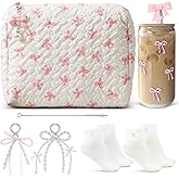 Frstem 8 Pcs Pink Bow Gift Set for Women,16 oz Glass Cup, Bow Keychain, Cosmetic Bag, Socks, Happy Birthday Christmas Presents Coquette Stuff for Teen Girls Women