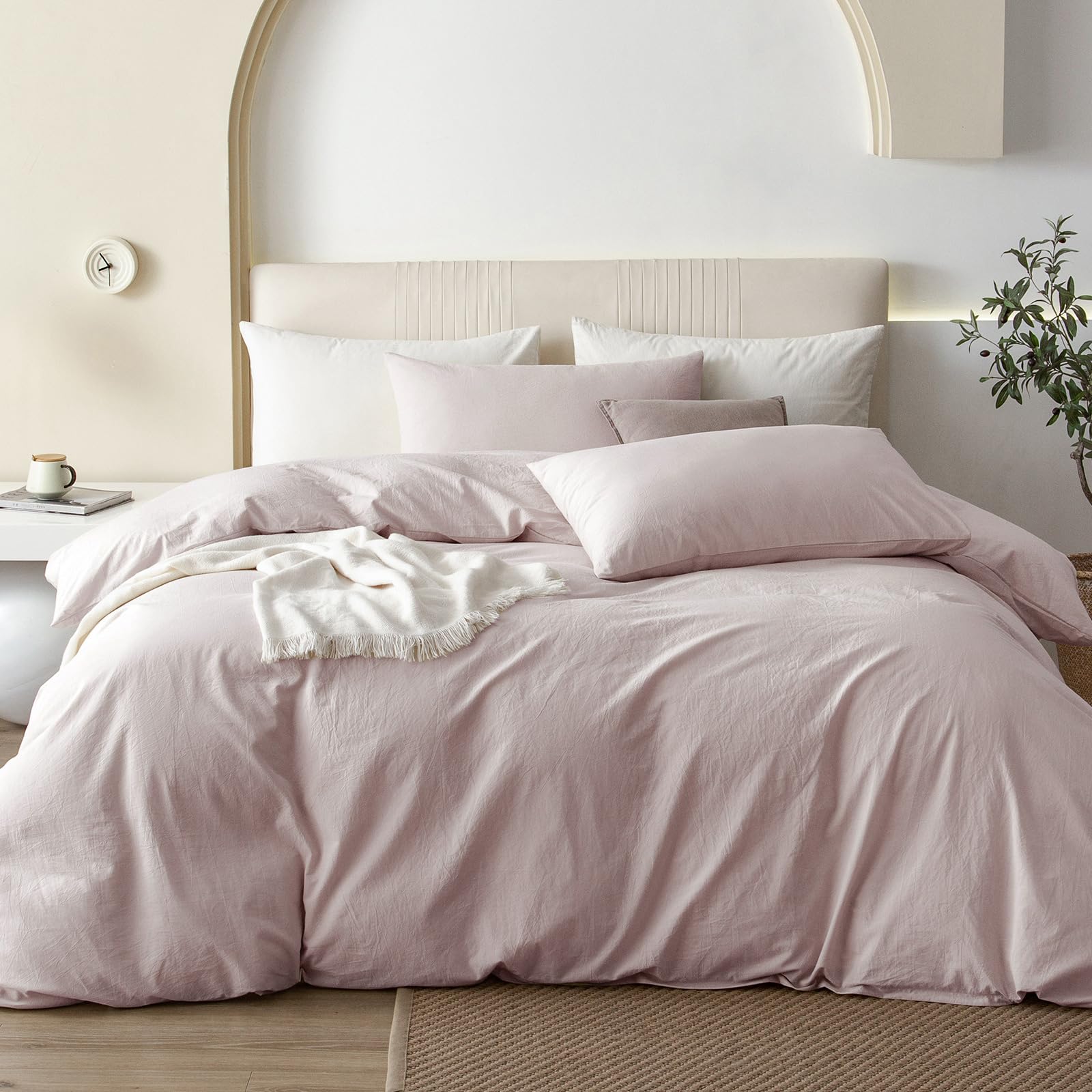Photo 1 of JIYUAN 100% Washed Cotton Duvet Cover Set 2 Pieces Twin, 1 Duvet Cover 68x90 Inches (Comforter Not Included) and 1 Pillowcases,Linen Feel Bedding Set Comfy and Breathable, Heathered Greyish Pink
