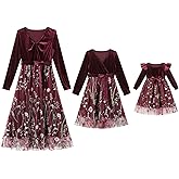 AWIBMK Mommy and Me Christmas Long Sleeve Floral Embroidered Tulle Velvet Dress with Belt Fall Winter Holiday Matching Outfit