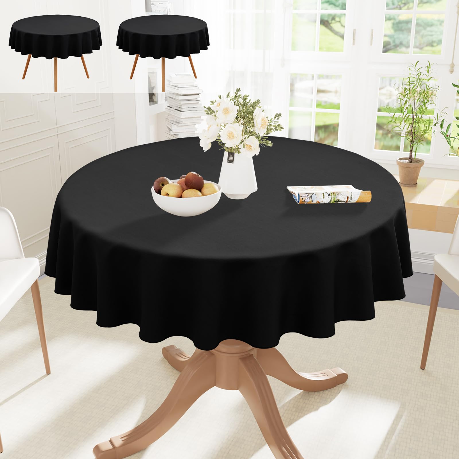smiry Table Cloth Round 150 cm Pack of 2 - Washable Fabric Dining Tablecloth, Dust-Proof Polyester Table Cover for Party Garden Kitchen Outdoor, Black