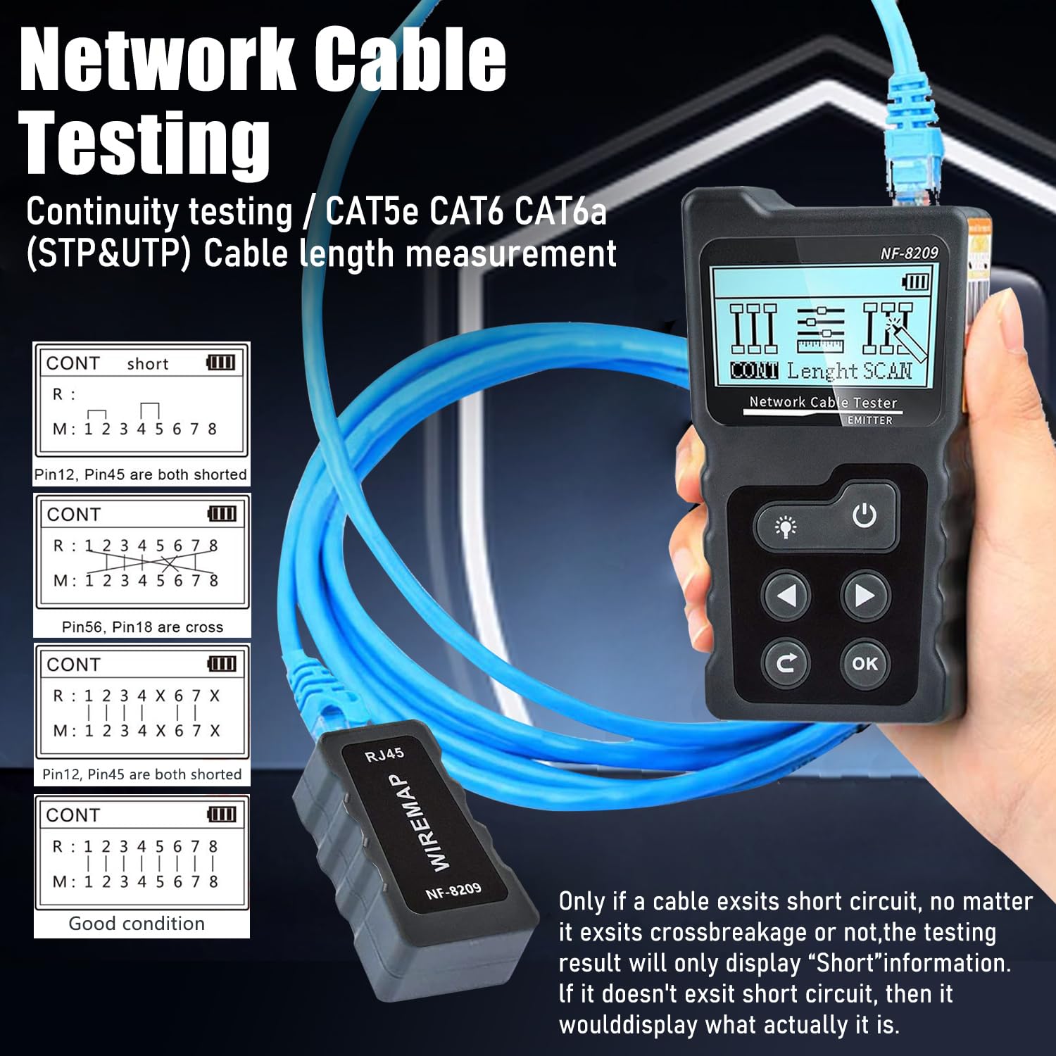 Probador de cable de red NF-8209 Probador de Ethernet con PoE NCV ...