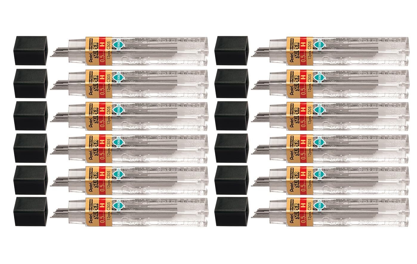 Pentel Super Hi-Polymer refill leads, 0.5 mm, Grade H, 1 pack of 12 tubes