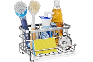 HapiRm Kitchen Sink Organizer, SUS304 Stainless Steel Rustproof Multifunctional Large Sink Caddy with Sponge Holder and Drain Tray for Kitchen Sink Countertop (Silver)