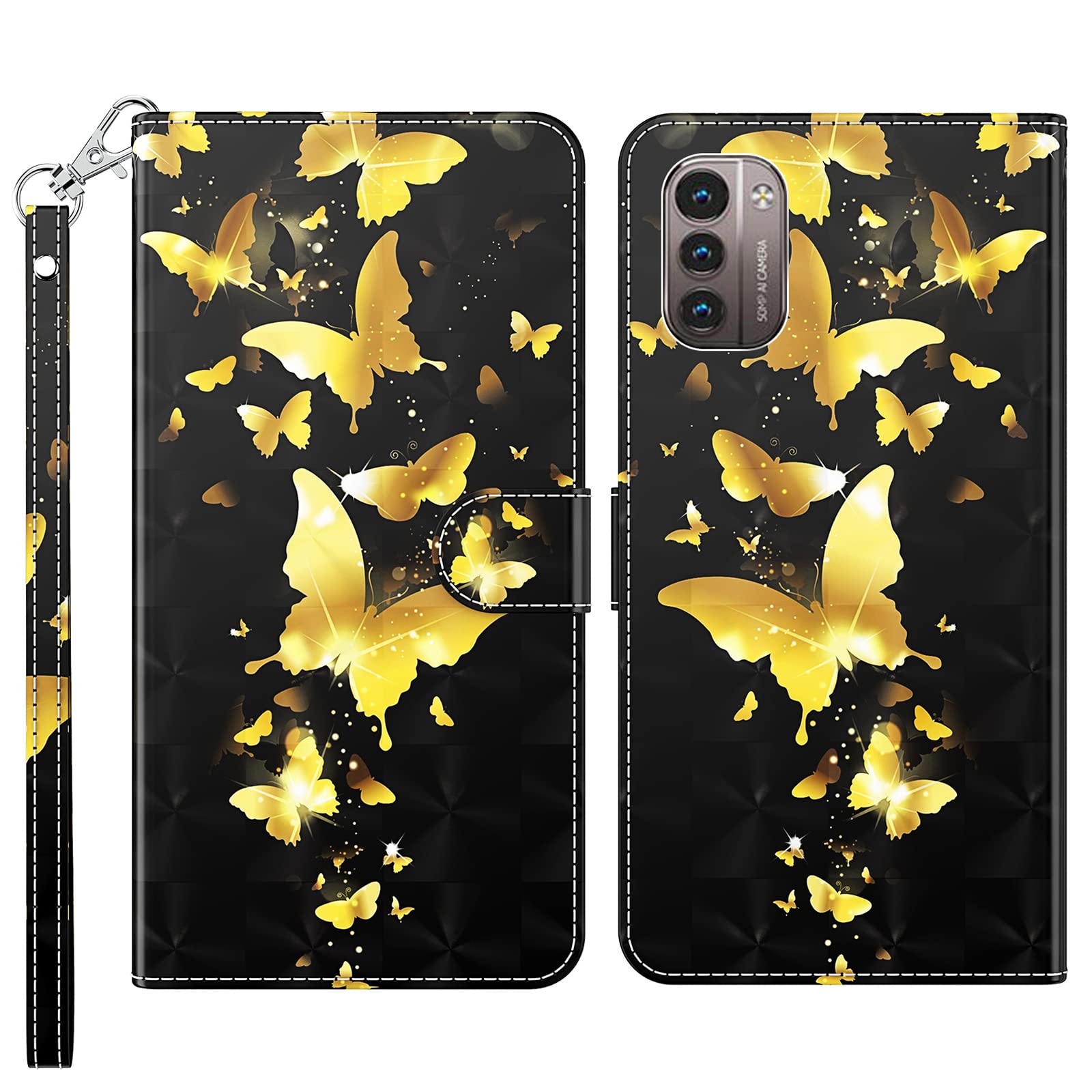 Nokia G21 Phone Case, Nokia G11 Cover Shockproof 3D Art PU Leather Flip Wallet Cases with Magnetic Kickstand Money Pouch Folio TPU Bumper Gel Protective Cover for Nokia G21 / G11 Gold Butterfly