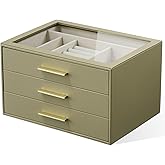Jewelry Box Organizer Case for Women: 3-Layer Jewelry Storage Case with Glass Window, Olive Green Leather with Cream Velvet, Holder for Ring Necklace Bracelet Brooch Watch, Great Gift for Her