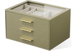 PICKPIFF Jewelry Box Organizer Case for Women: 3-Layer Jewelry Storage Case with Glass Window, Olive Green Leather with Cream Velvet, Holder for Ring Necklace Bracelet Brooch Watch, Great Gift for Her