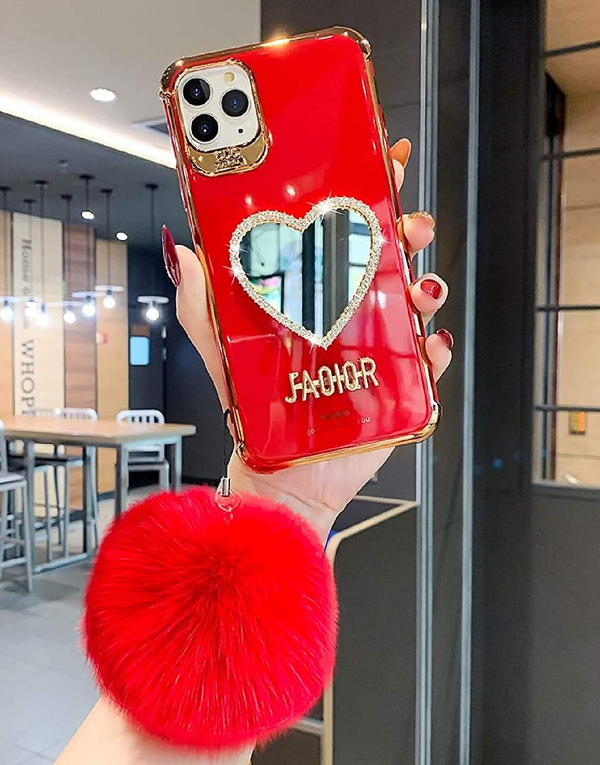 HEOLIEN Makeup Mirror Phone Case Bling Heart-Shaped Frame, Luxurious Bling Protective Case for iPhone,Cute Bling Shining Protective Case for iPhone (Red,for iPhone 12pro max)