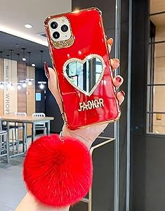 HEOLIEN Makeup Mirror Phone Case Bling Heart-Shaped Frame, Luxurious Bling Protective Case for iPhone,Cute Bling Shining Protective Case for iPhone (Red,for iPhone 12pro max)