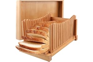 FLIXORAN Bamboo Bread Slicer Guide Adjustable 3 Slice Thickness, Foldable Bread Cutting Guide with Crumb Tray for Homemade Bread, Cakes, Bagels, Compact and Sturdy Bread Maker Accessory