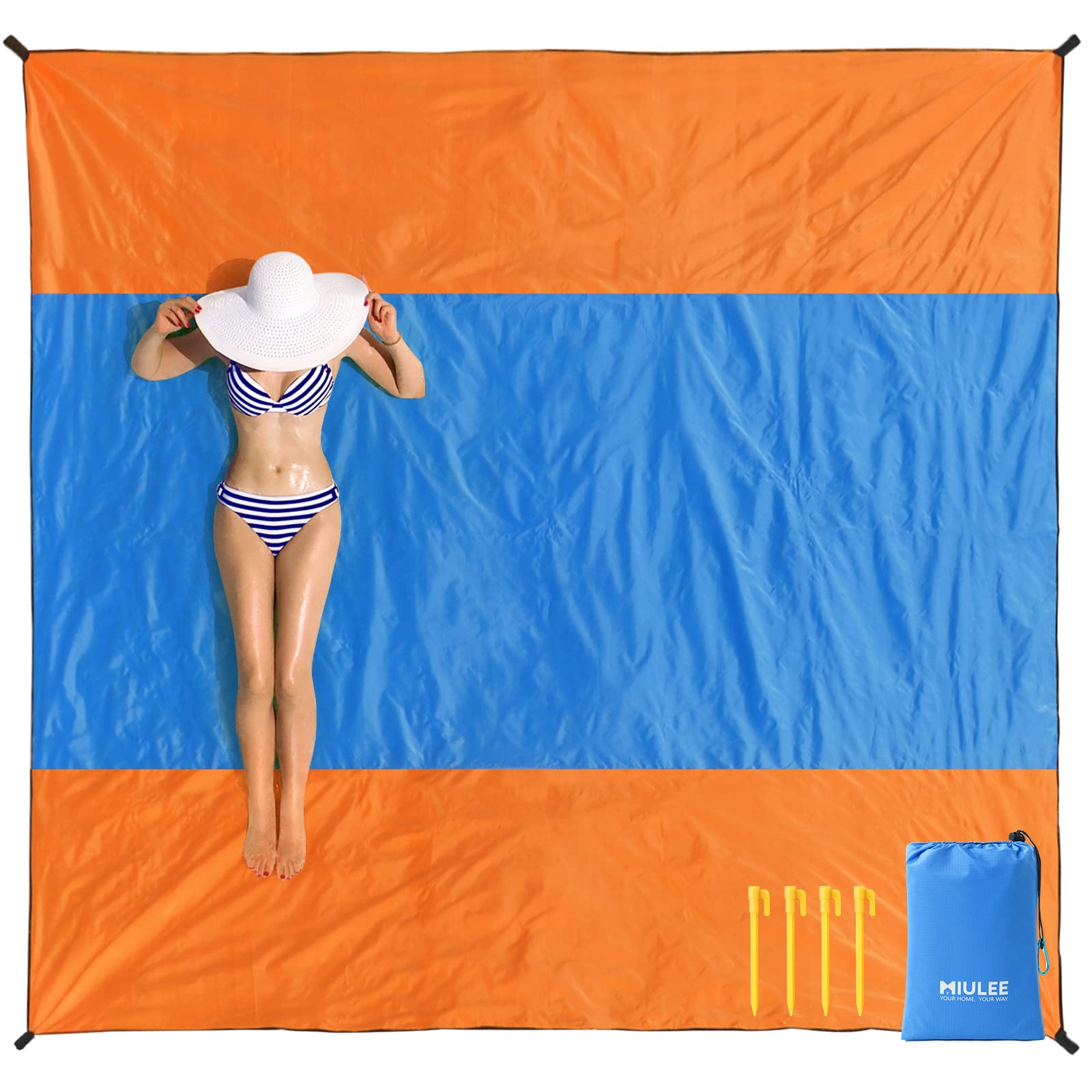 MIULEE Beach Blanket Beach Mat Extra Large 280 x 290cm Waterproof Sandproof Picnic Blanket Sand Water Resistant Oversize with 4 Fixed Nails for Beach Travel Camping Hiking Picnic Orange-blue