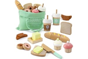FROGPRIN 17 PCS Wooden Bakery Toy Food Playset for Kids, Pretend Picnic Play Food for Toddlers 3+, Play Kitchen Accessories with Shopping Bag, Cutting Food Toys, Gift for Girls Boys and Girls