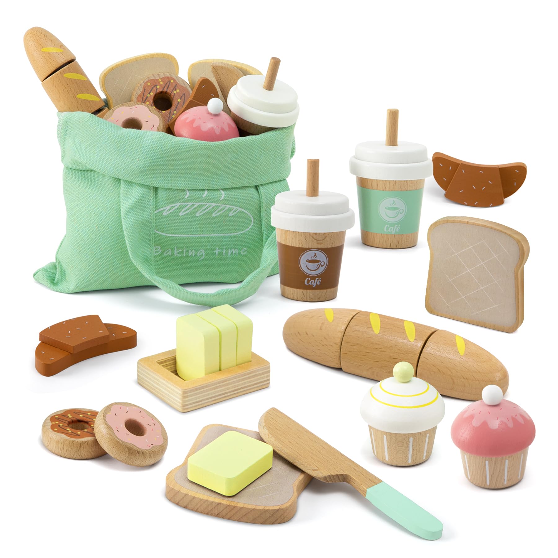 Photo 1 of 17 PCS Wooden Bakery Toy Food Playset for Kids, Pretend Picnic Play Food for Toddlers 3+, Play Kitchen Accessories with Shopping Bag, Cutting Food Toys, Gift for Girls Boys and Girls