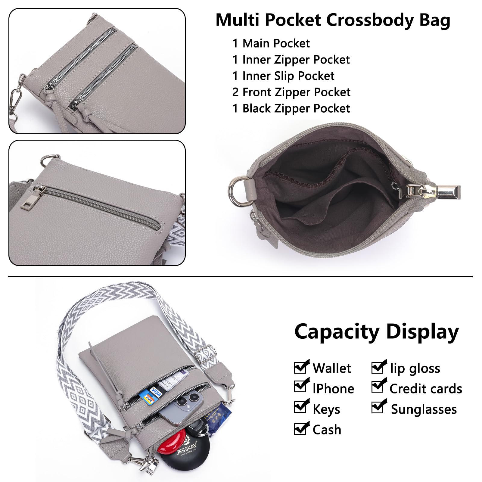 Vezluax kleine Umhängetasche Damen slim Handytasche zum Umhängen Leder Crossbody Bag mit Reißverschluss Schultertasche für Frauen Reise Geschenk Grau 3